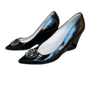 L.K. Bennett Womens Black Patent Leather Wedge Pointed Toe Pumps Size 8.5 /  39